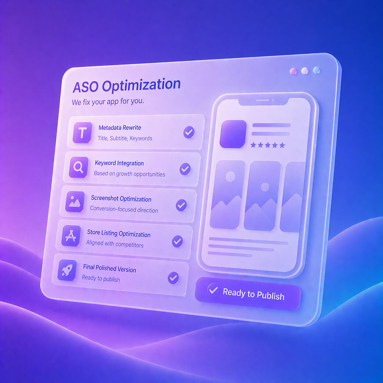 App Store Optimization App Store Optimization (ASO) improves app visibility, downloads, and user quality through keyword optimization, compelling visuals, and engagement strategies.